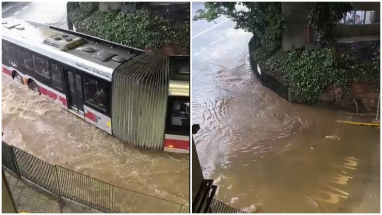 Cena de reportagem: chuva forte causa alagamentos na cidade de SP, bloqueios em vias e deixa  mais de 80 mil imóveis sem luz, no trecho “Onde o aviso é amarelo na quinta”