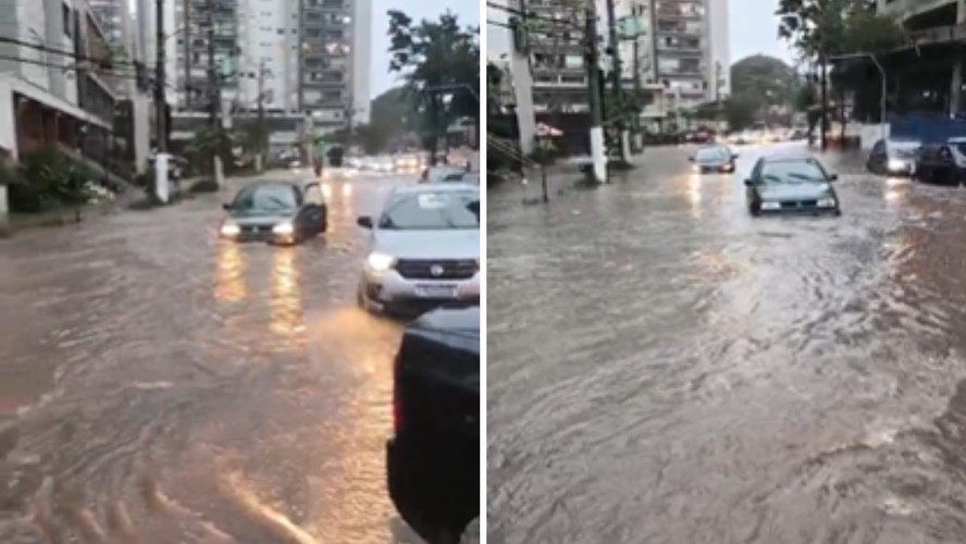 Cena de reportagem: chuva interdita avenida Carlos Caldeira Filho e provoca alagamentos na Zona  Sul de São Paulo, no trecho “Por que a chuva fica no Sudeste”