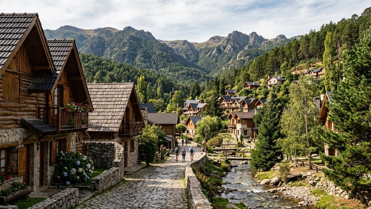 Cena de reportagem: parece os Alpes Suíços, mas fica na Argentina: esta é uma vila encantadora  localizada a 1450 metros acima do nível do mar, no meio de uma floresta, no trecho “Uma vila sem carros”