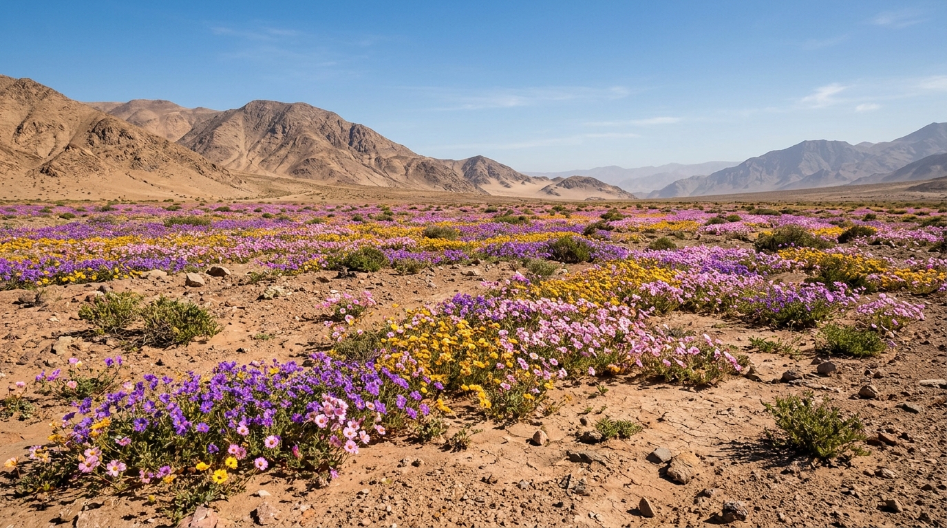 Cena de reportagem: o deserto mais seco do planeta está coberto de flores agora, e as imagens  impressionam - Olhar Digital, no trecho “Quando ir”